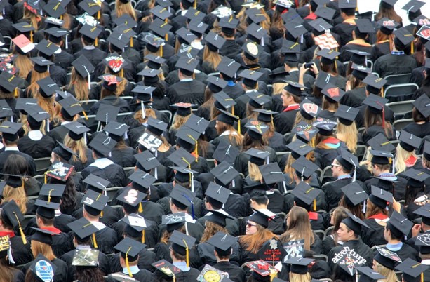 aerial view of graduates wearing hats